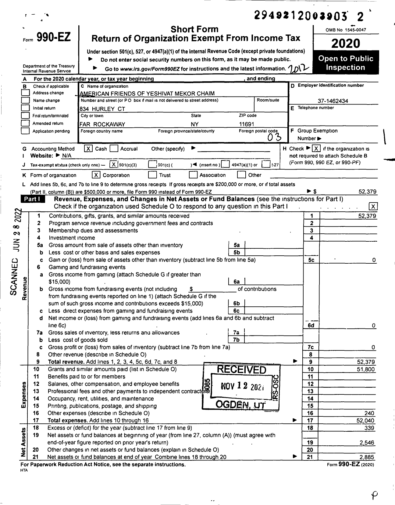 Image of first page of 2020 Form 990EZ for American Friends of Yeshivat Mekor Mekor-Chaim