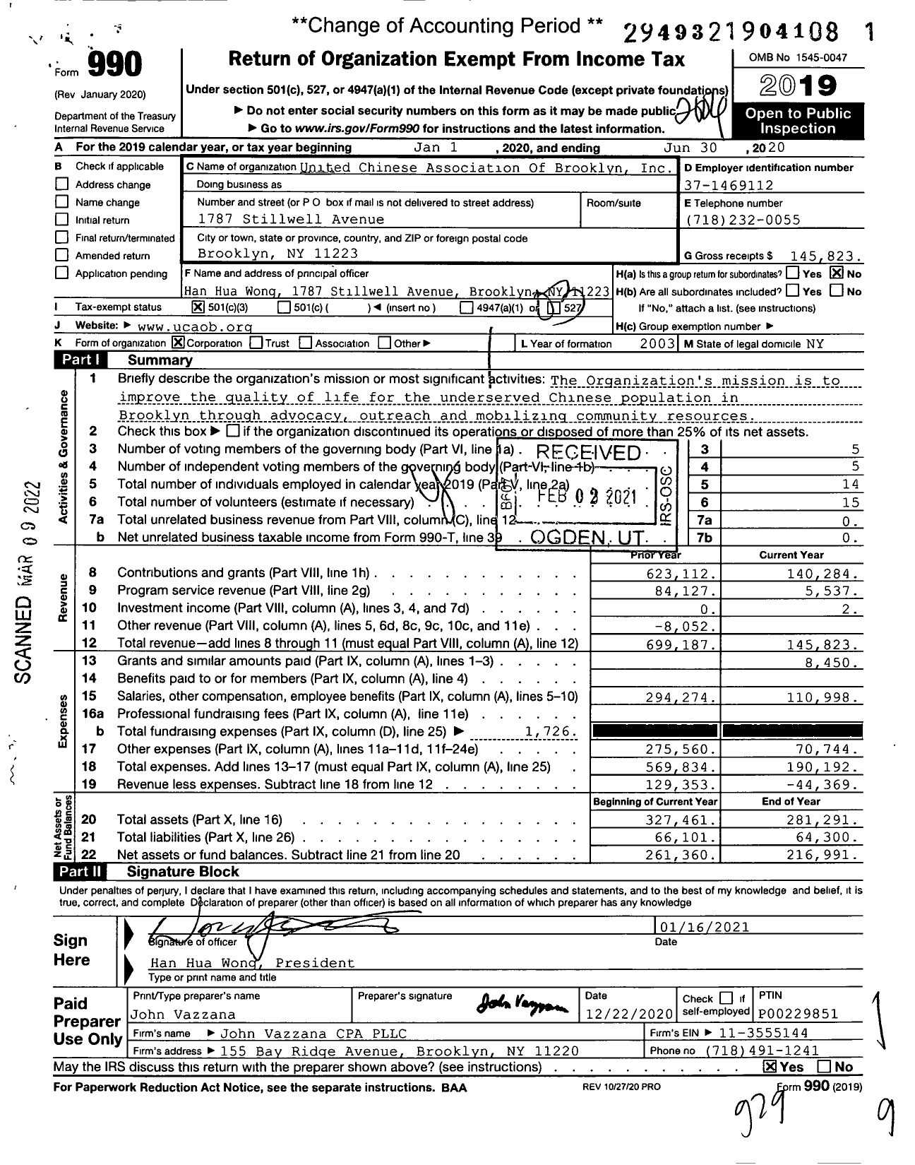 Image of first page of 2019 Form 990 for United Chinese Association Of Brooklyn