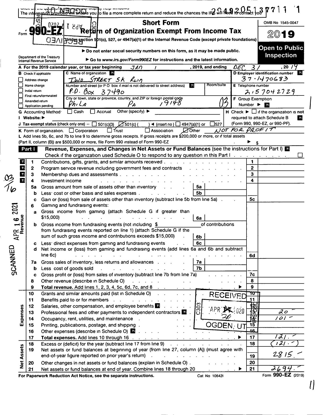 Image of first page of 2019 Form 990EZ for Two Street 5K Run