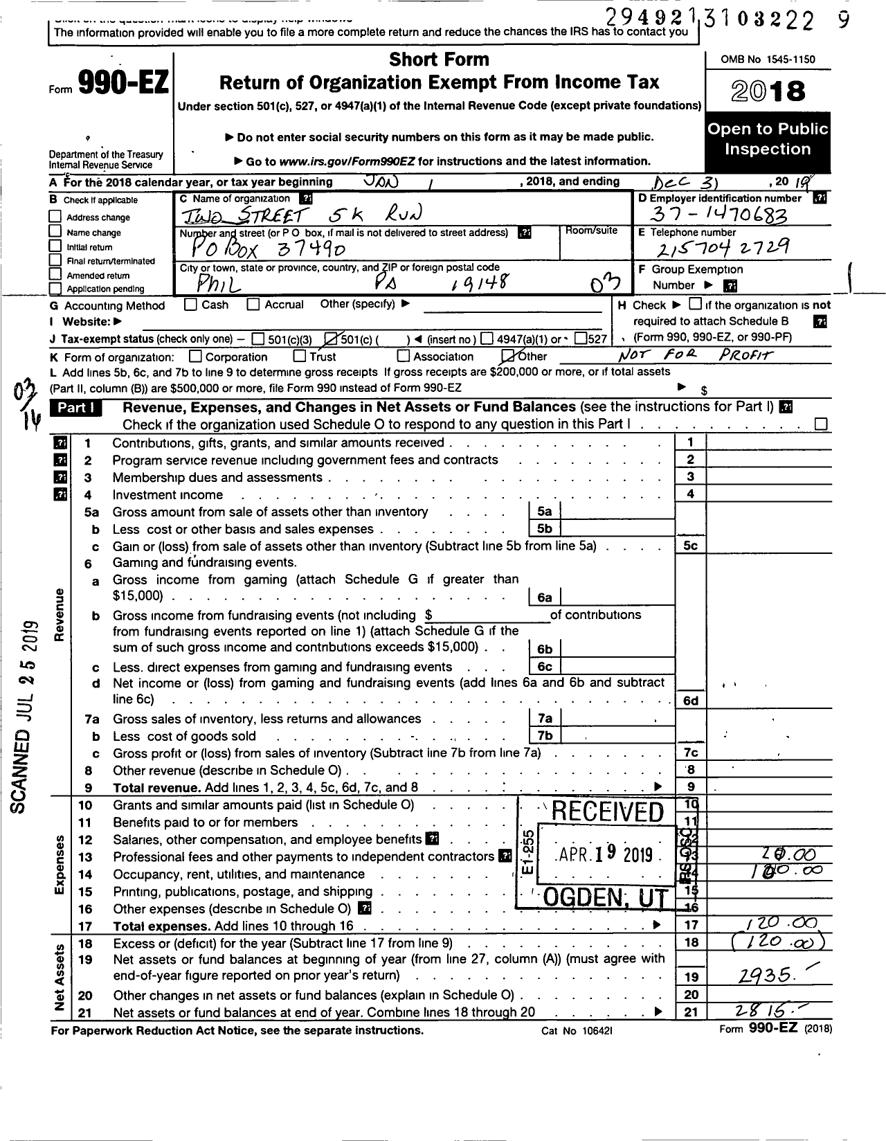 Image of first page of 2018 Form 990EZ for Two Street 5K Run