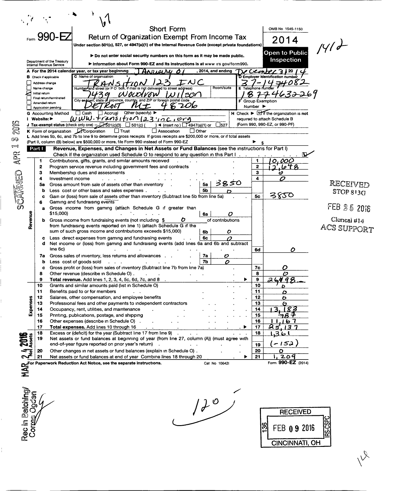 Image of first page of 2014 Form 990EZ for Transition 1 2 3