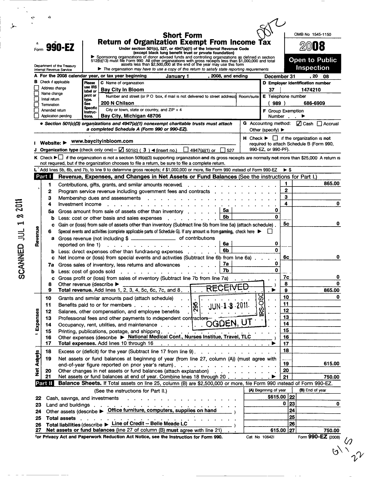 Image of first page of 2008 Form 990EZ for Bay City in Bloom