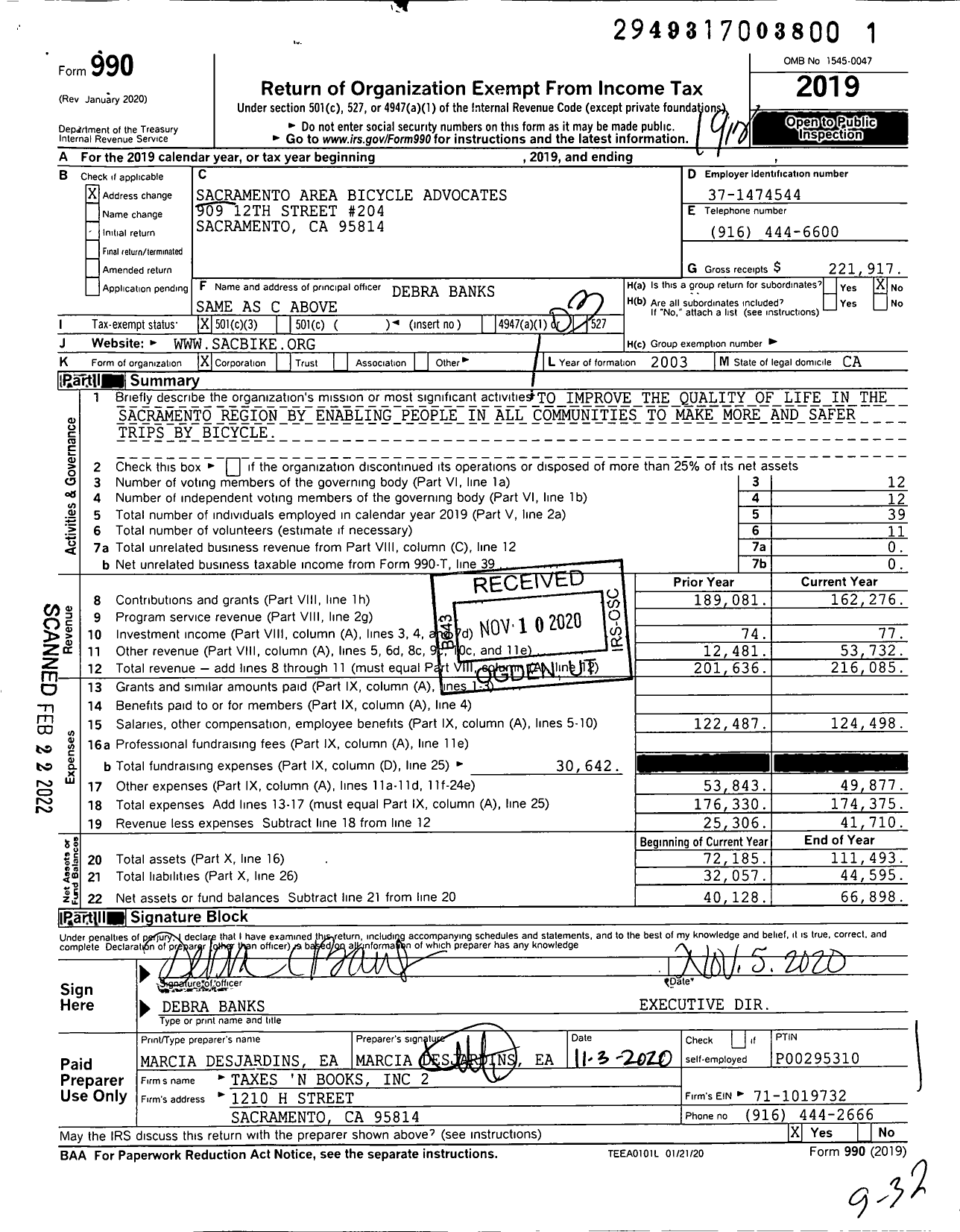 Image of first page of 2019 Form 990 for Sacramento Area Bicycle Advocates