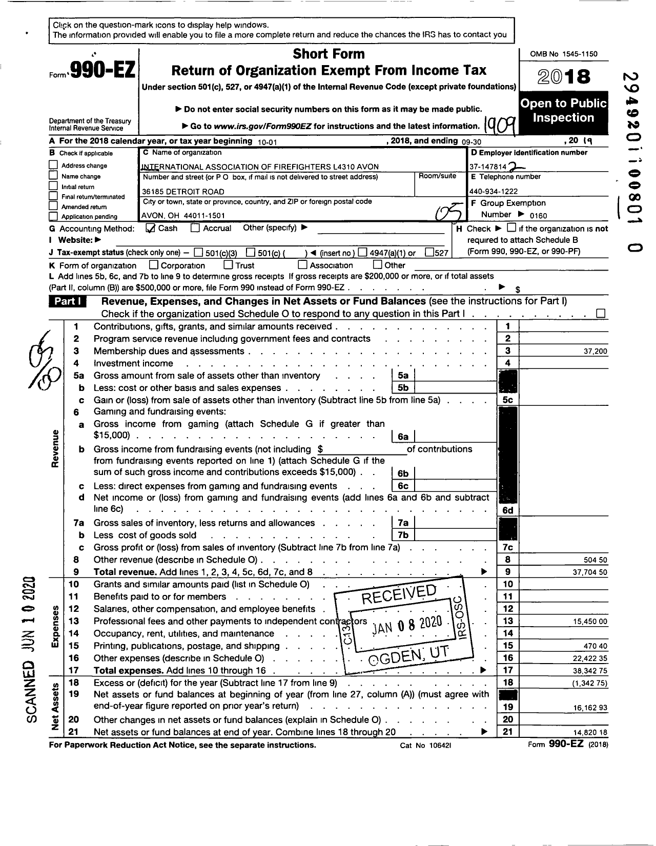 Image of first page of 2018 Form 990EO for International Association of Fire Fighters - L4310 Avon