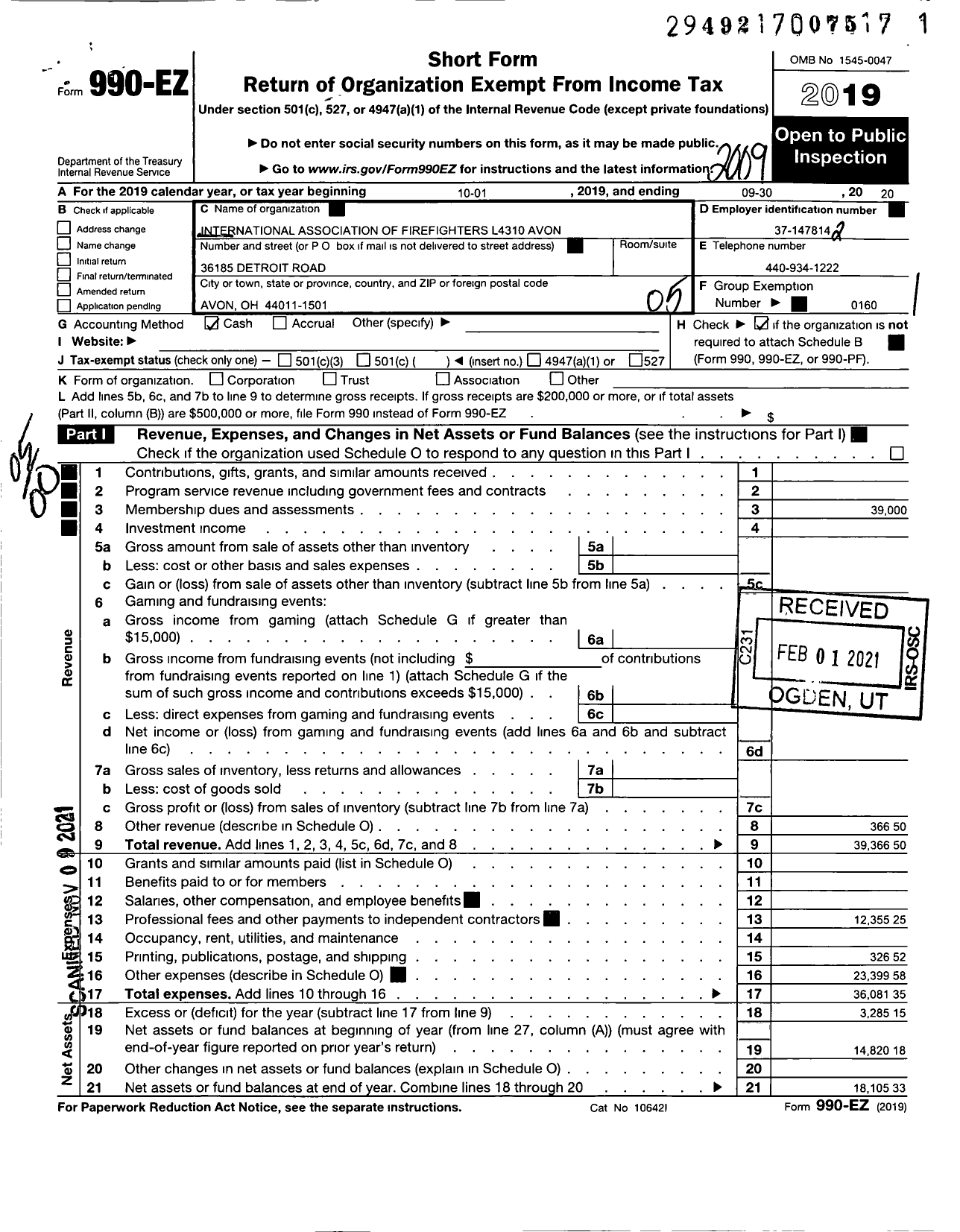 Image of first page of 2019 Form 990EO for International Association of Fire Fighters - L4310 Avon