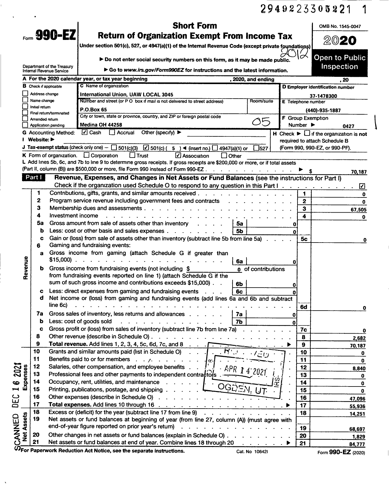 Image of first page of 2020 Form 990EO for UAW - International Union UAW Local 3045