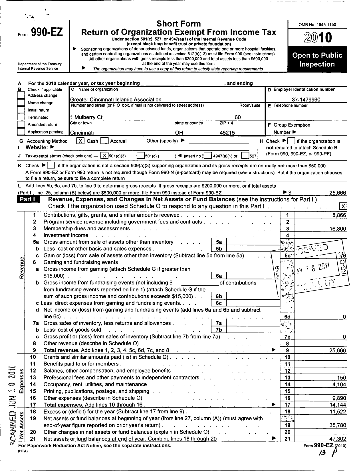 Image of first page of 2010 Form 990EZ for Greater Cincinnati Islamic Association