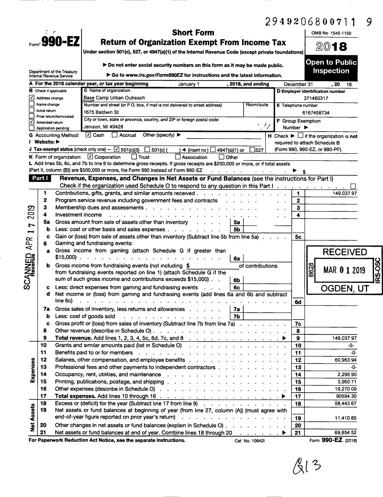 Image of first page of 2018 Form 990EZ for Base Camp Urban Outreach