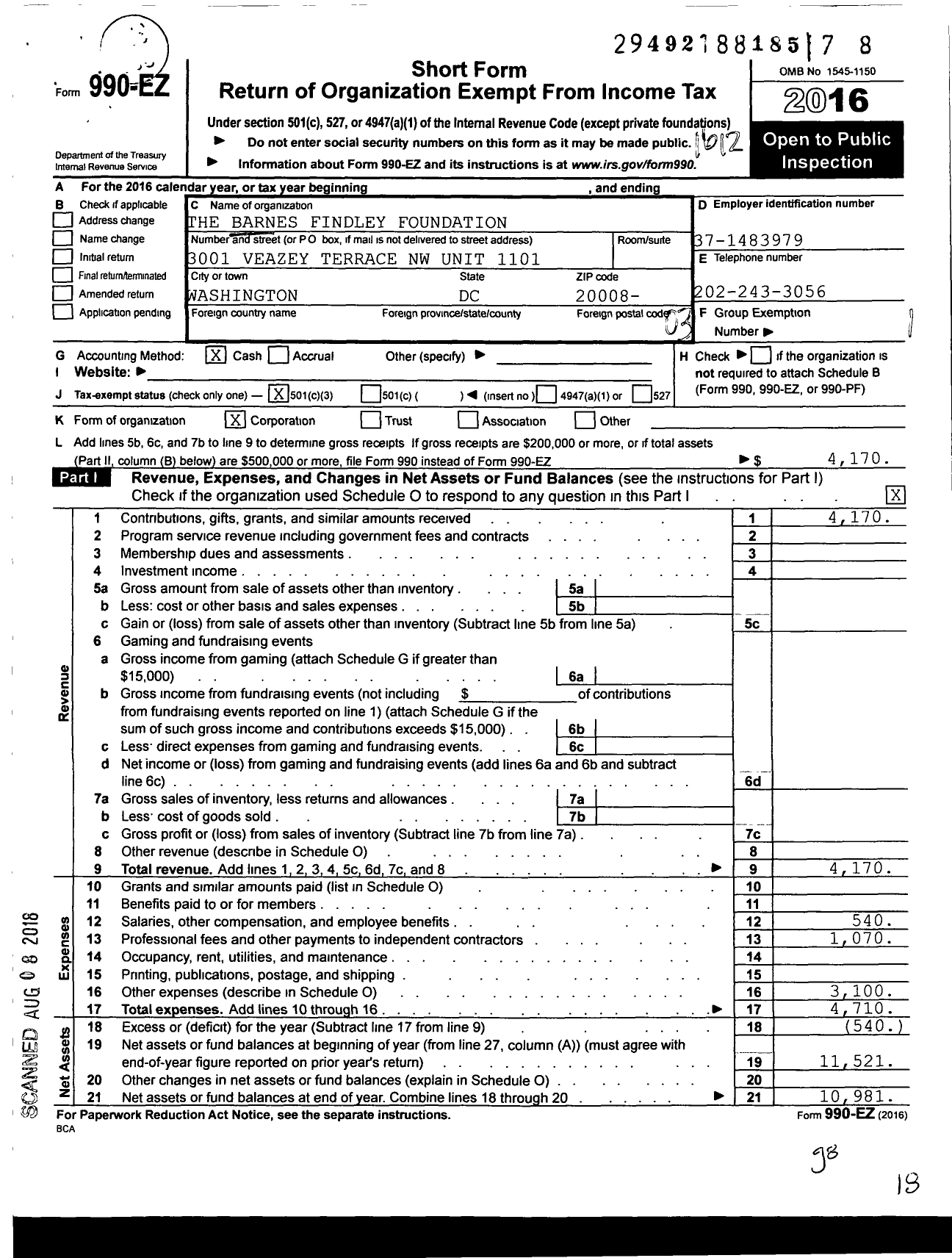 Image of first page of 2016 Form 990 for Barnes Findley Foundation