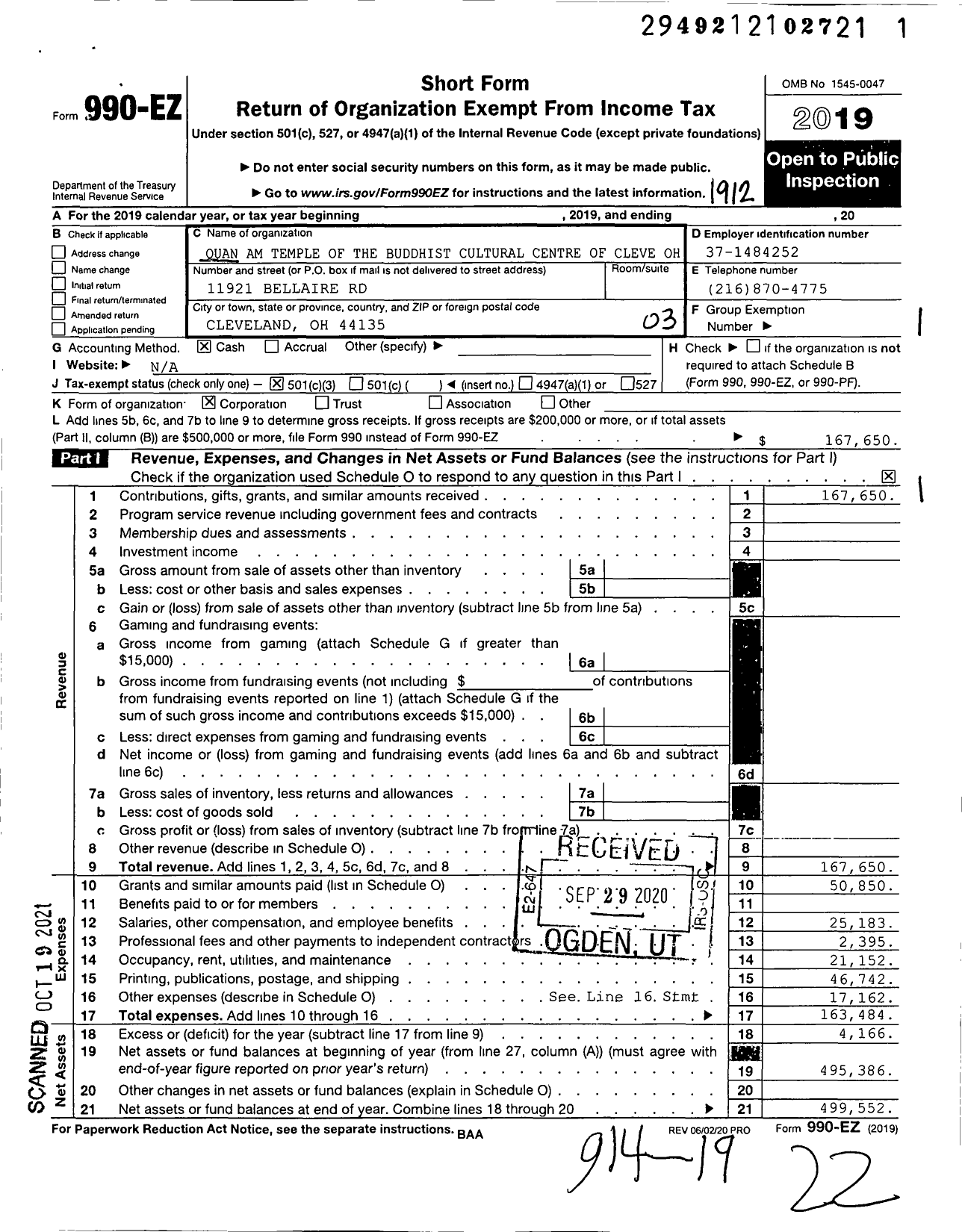 Image of first page of 2019 Form 990EZ for Quan Am Temple of Buddhist Cultural Centre of Cleve Oh