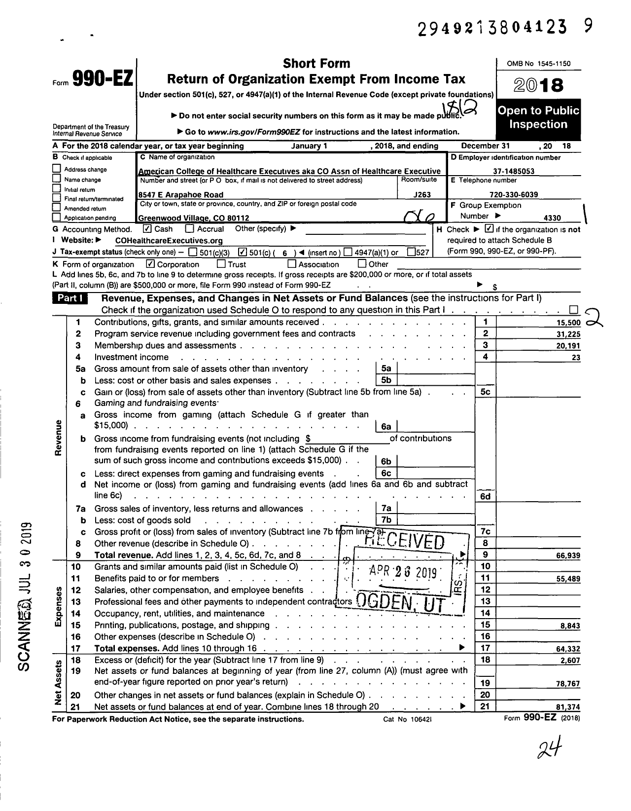 Image of first page of 2018 Form 990EO for ACHE of the Rocky Mountains
