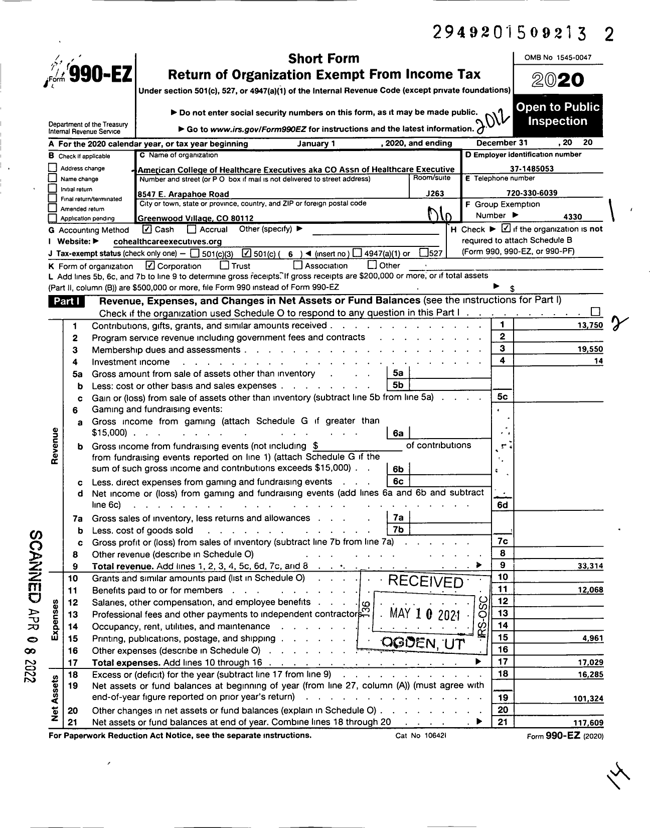 Image of first page of 2020 Form 990EO for ACHE of the Rocky Mountains