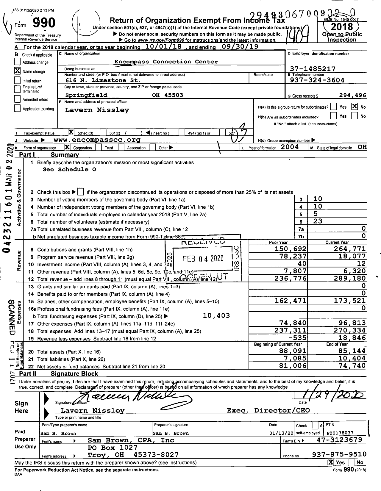 Image of first page of 2018 Form 990 for Encompass Connection Center