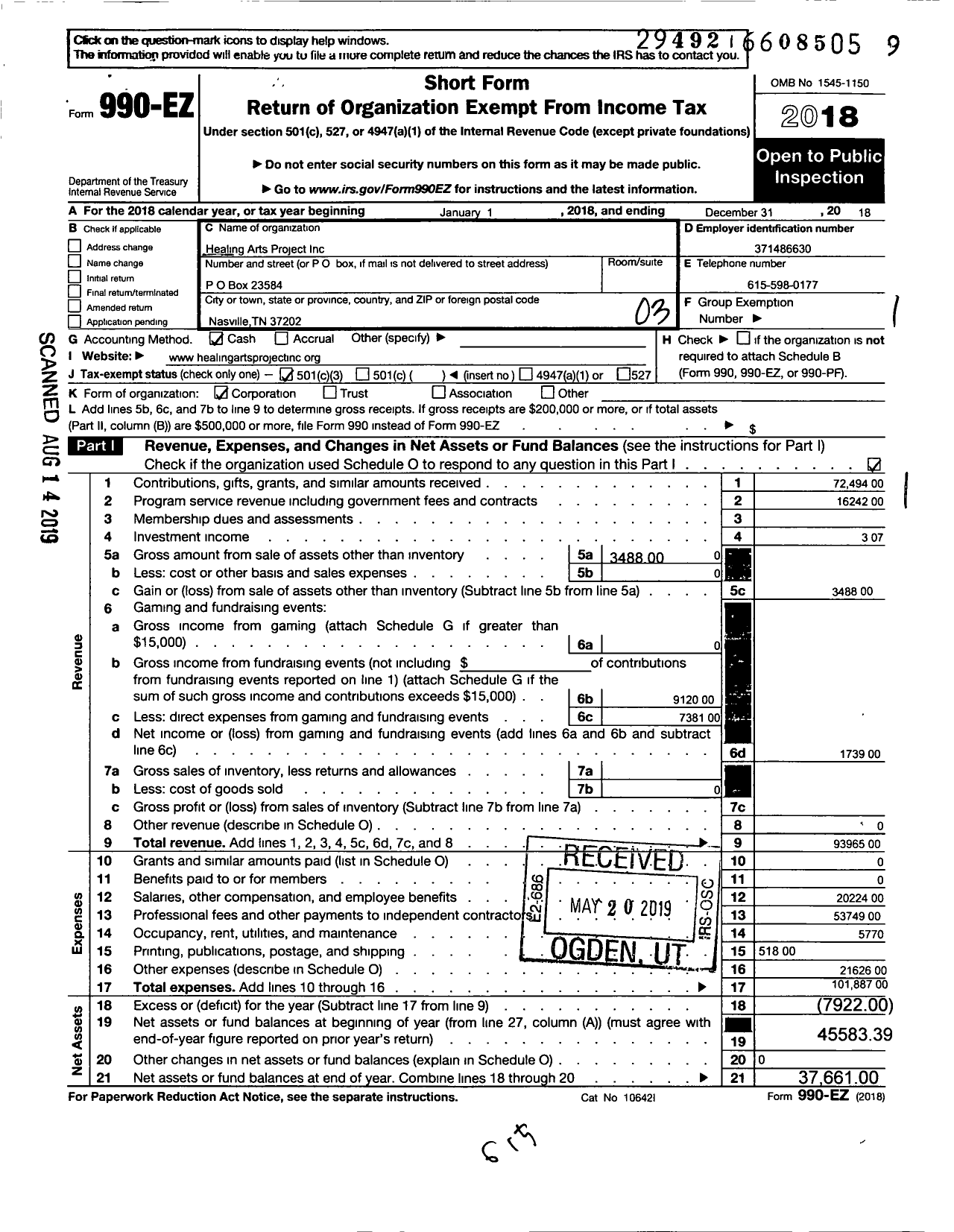 Image of first page of 2018 Form 990EZ for Healing Arts Project (HAPI)