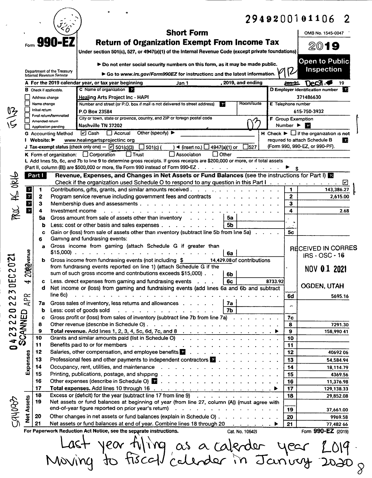 Image of first page of 2019 Form 990EZ for Healing Arts Project (HAPI)