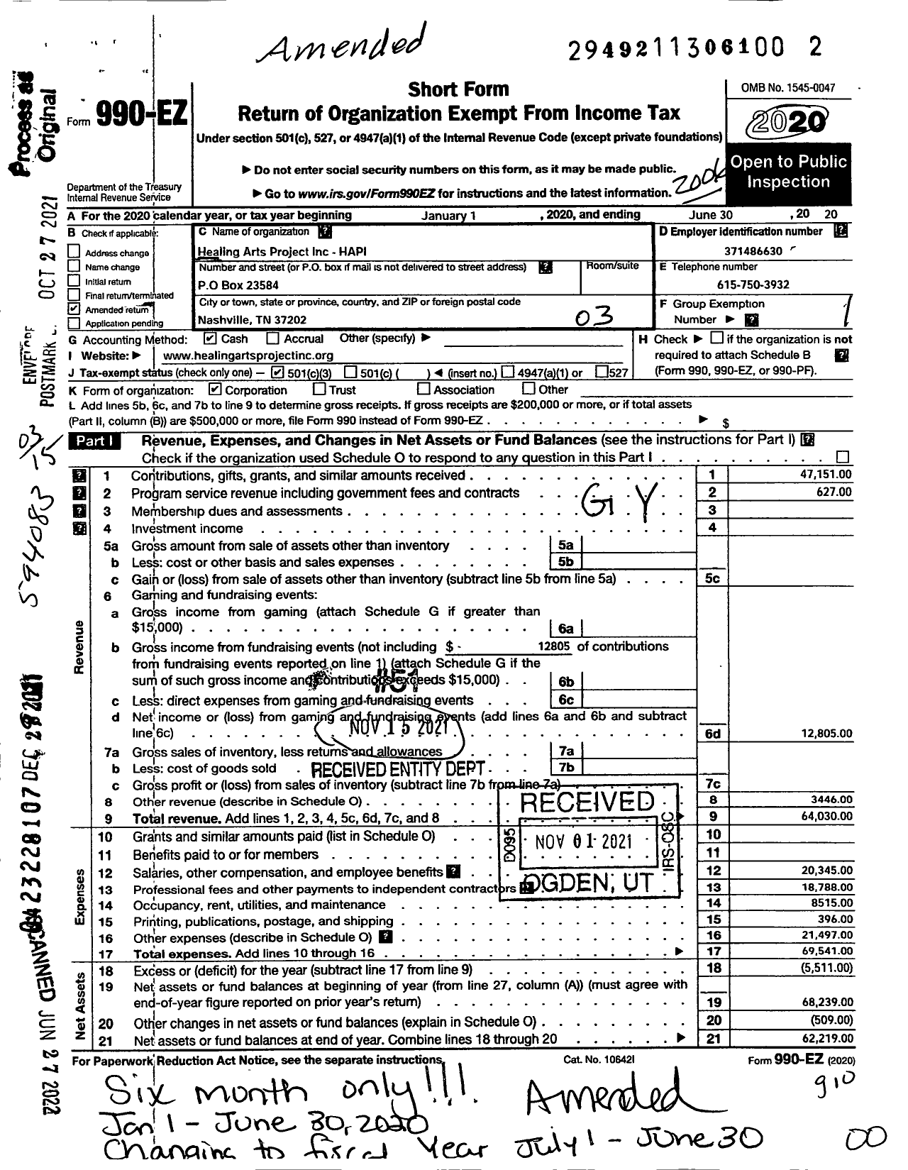 Image of first page of 2019 Form 990EZ for Healing Arts Project (HAPI)