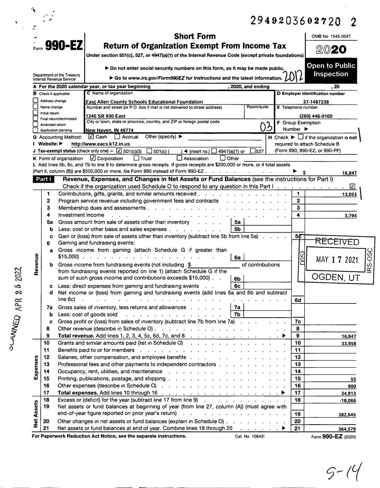 Image of first page of 2020 Form 990EZ for East Allen County Schools