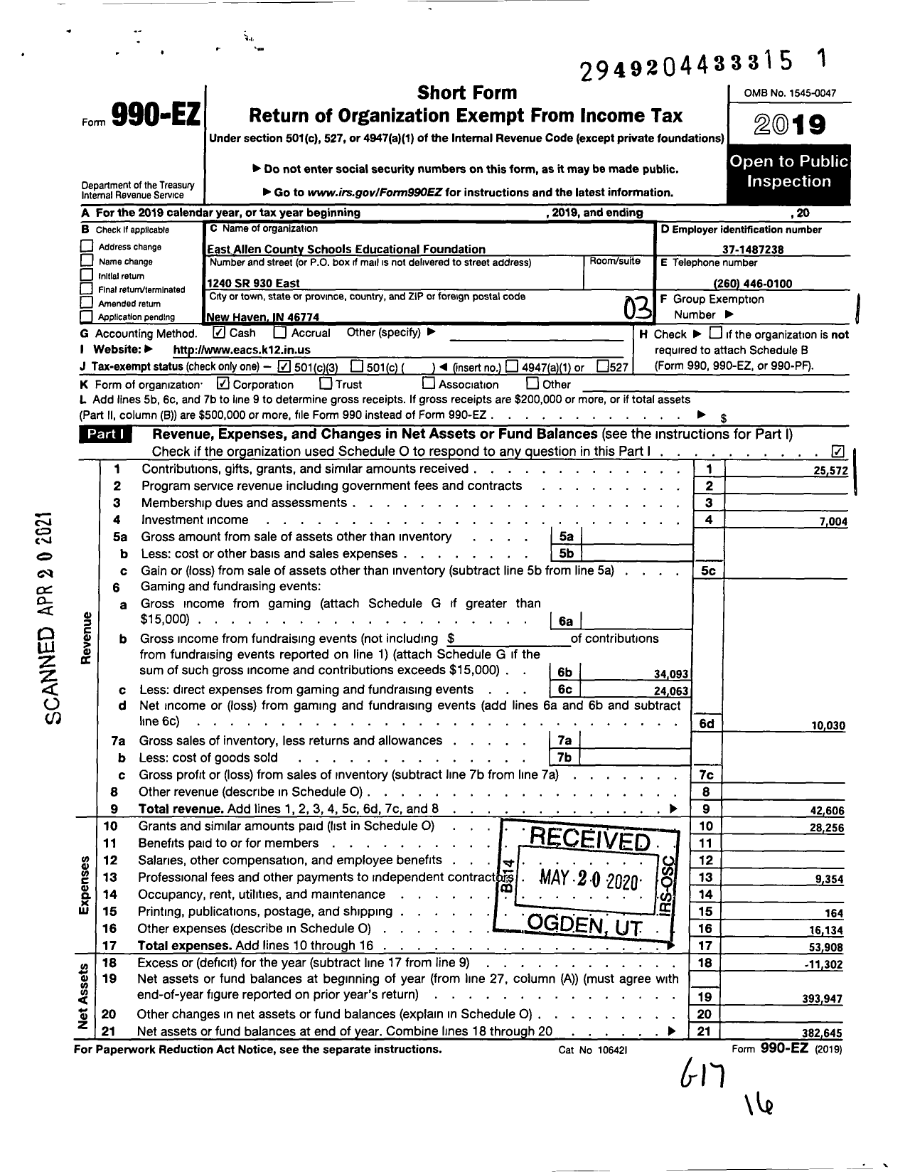 Image of first page of 2019 Form 990EZ for East Allen County Schools