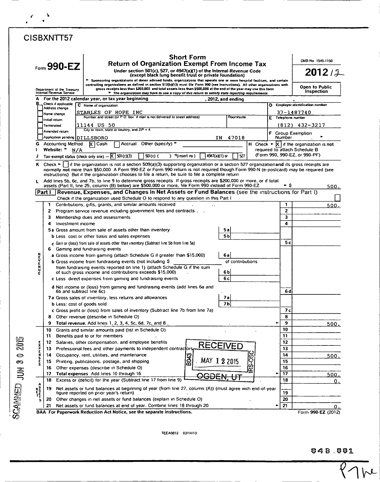 Image of first page of 2012 Form 990EO for Stables of Hope