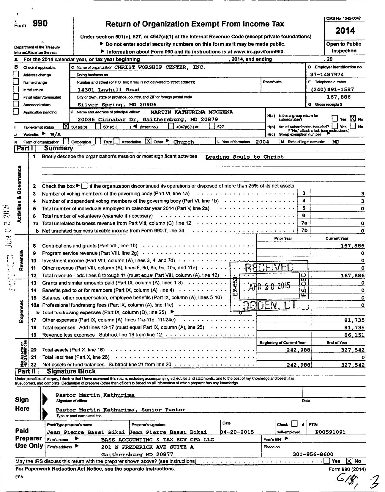 Image of first page of 2014 Form 990 for Christ Worship Center