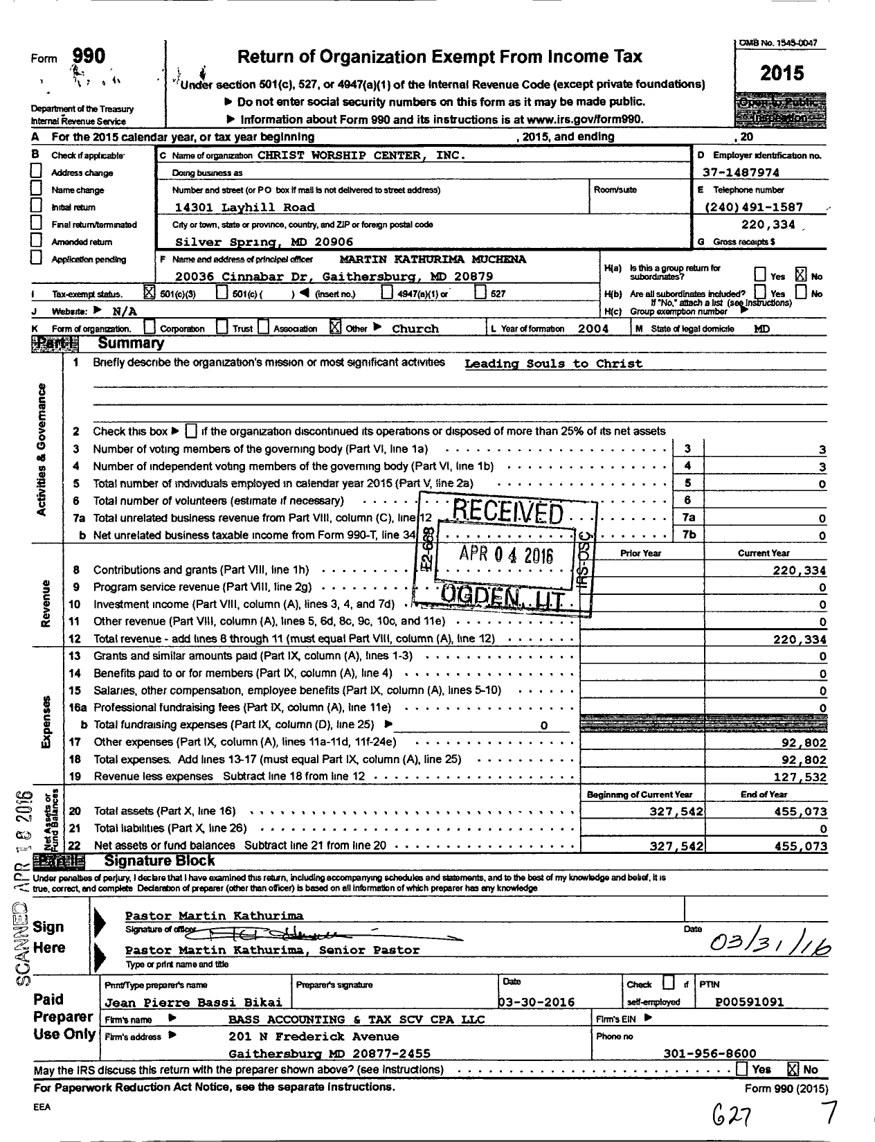 Image of first page of 2015 Form 990 for Christ Worship Center