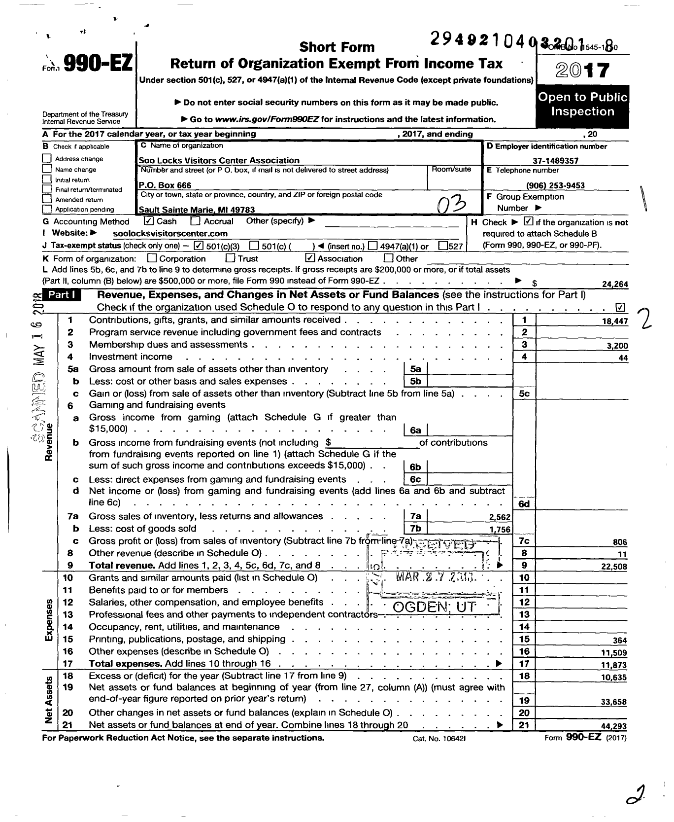 Image of first page of 2017 Form 990EZ for Soo Locks Visitors Center Association