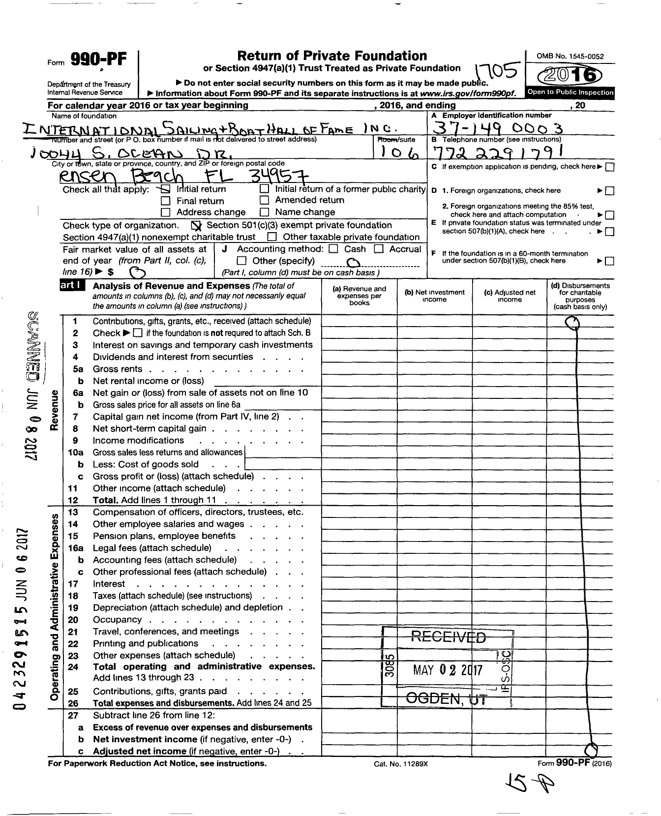 Image of first page of 2016 Form 990PF for International Sailing & Boating Hall of Fame