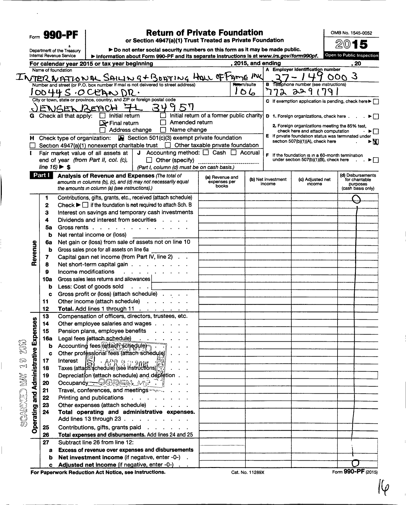 Image of first page of 2015 Form 990PF for International Sailing & Boating Hall of Fame