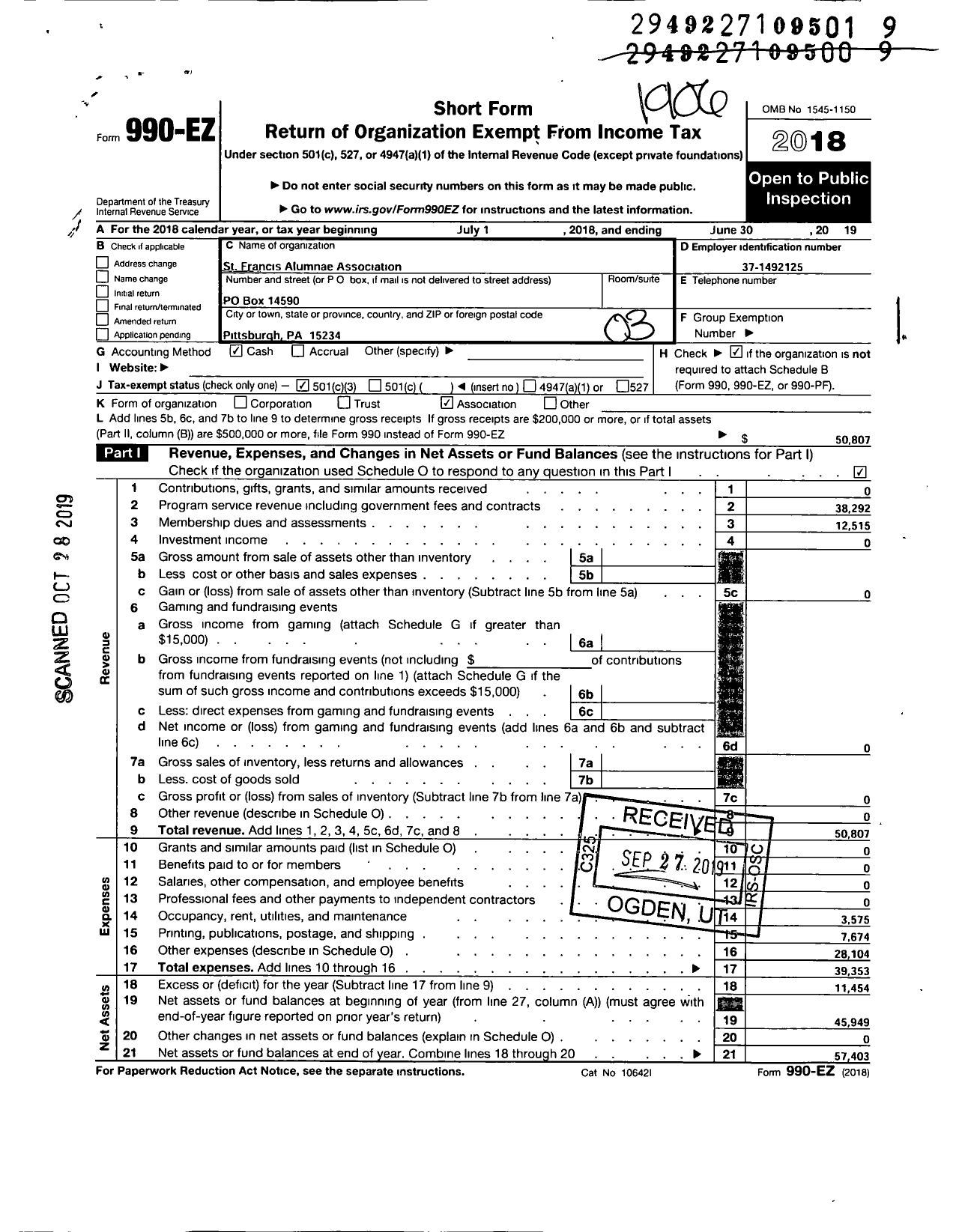 Image of first page of 2018 Form 990EZ for St Francis Academy Alumnae Association