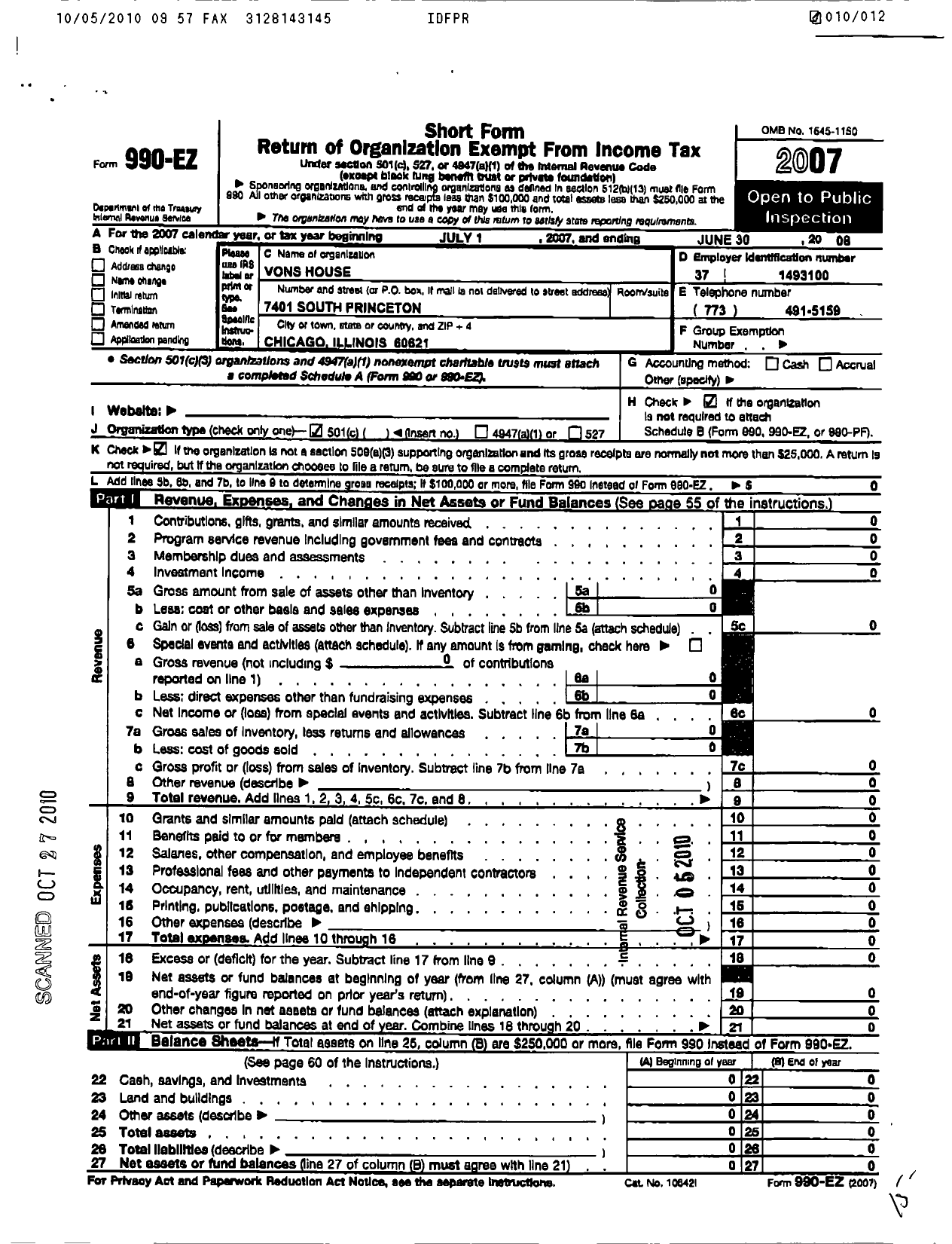 Image of first page of 2007 Form 990EO for VONS House