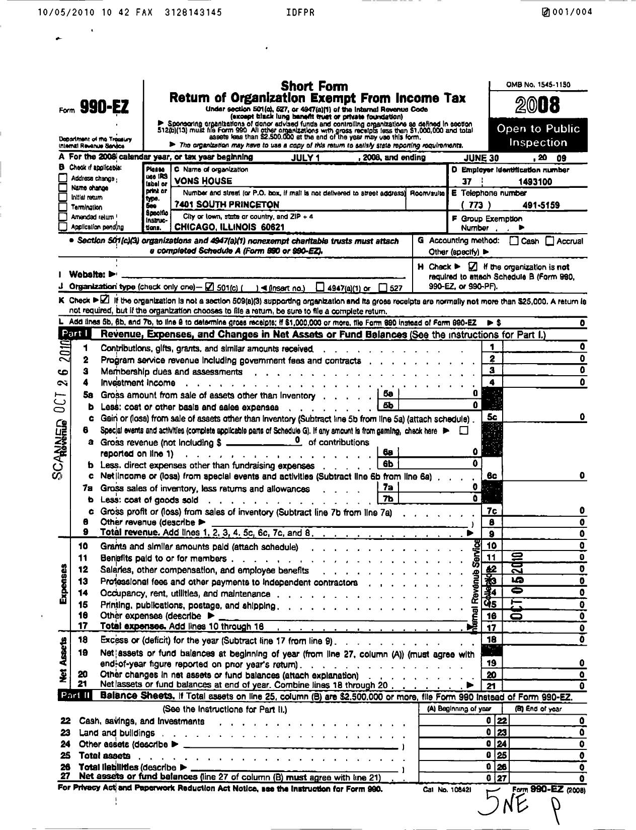 Image of first page of 2008 Form 990EO for VONS House