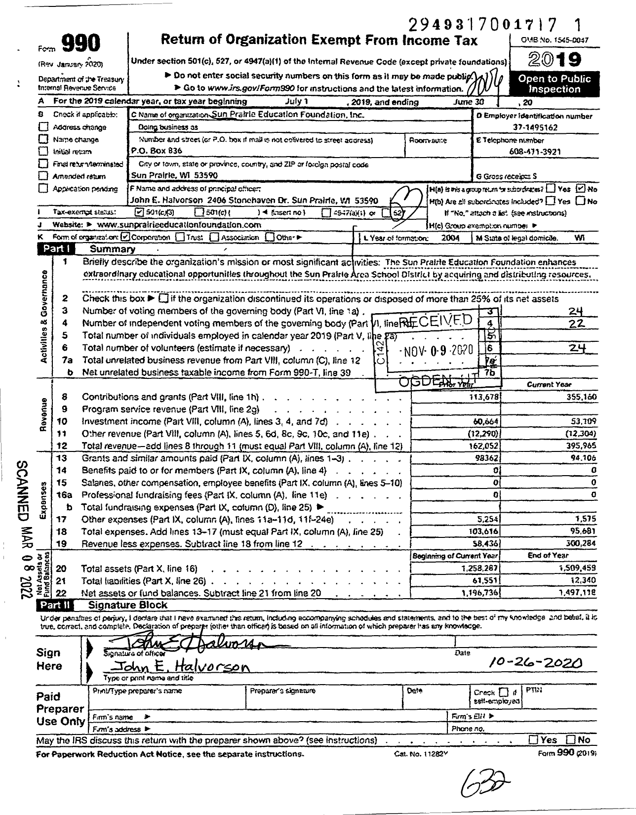 Image of first page of 2019 Form 990 for Sun Prairie Education Foundation