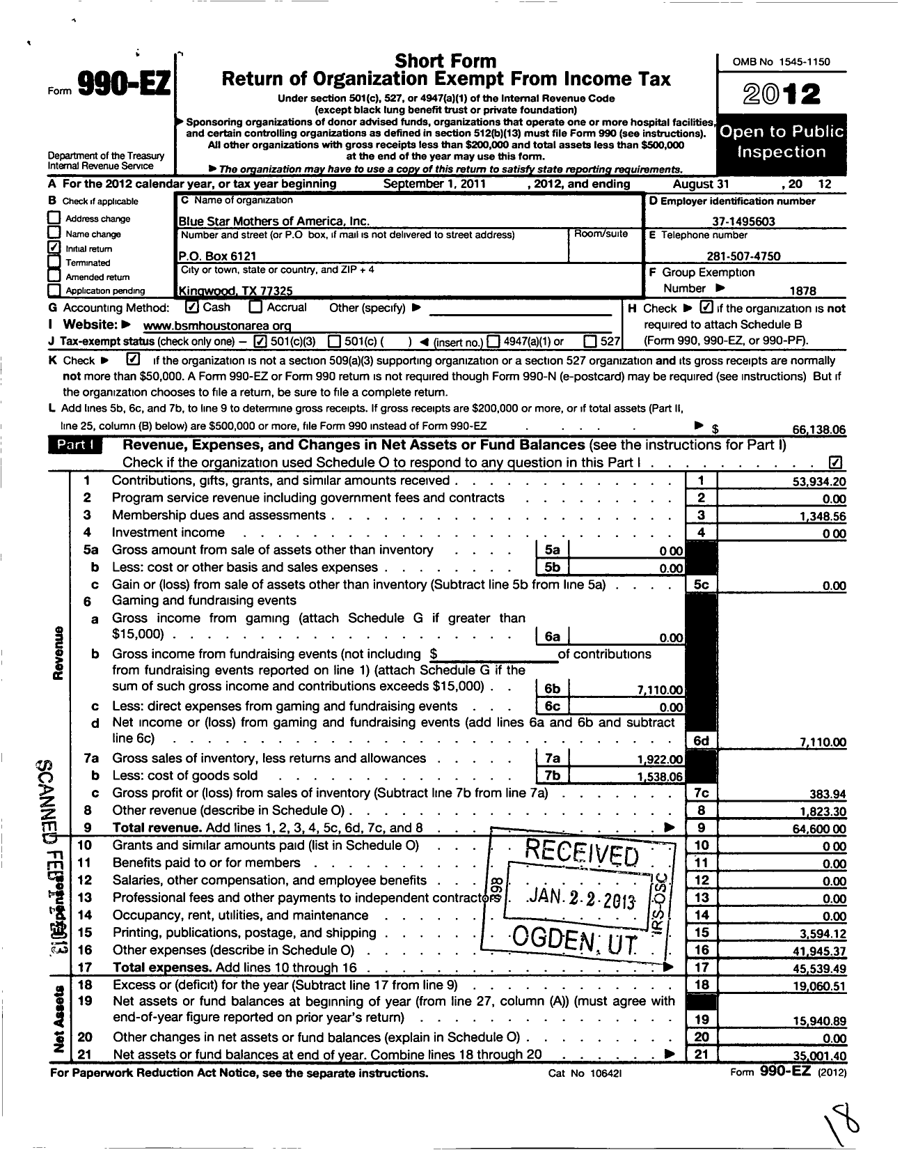 Image of first page of 2011 Form 990EZ for Blue Star Mothers of America / 2tx Houston Area Chapter