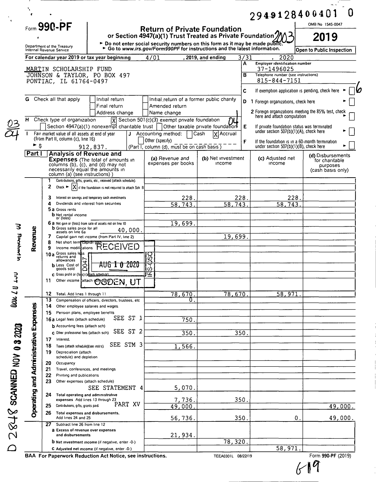 Image of first page of 2019 Form 990PF for Martin Scholarship Fund