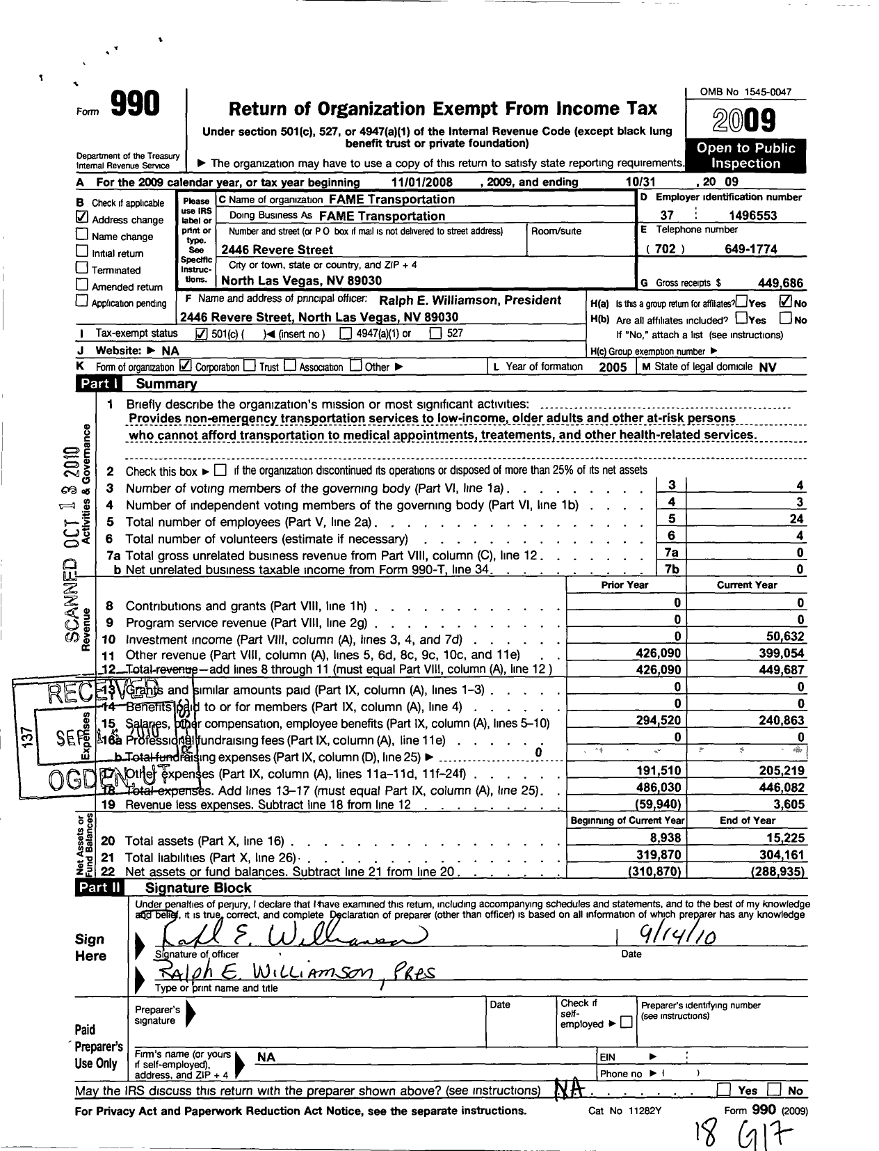 Image of first page of 2008 Form 990O for Fame Transportation