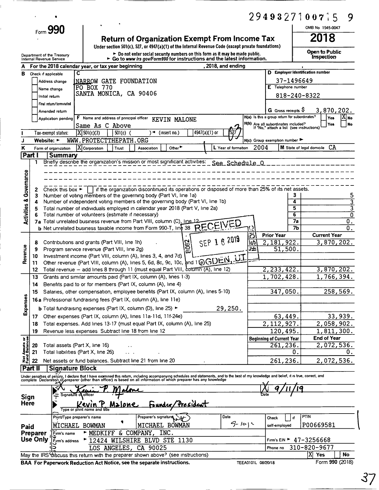 Image of first page of 2018 Form 990 for Narrow Gate Foundation / Protect the Path