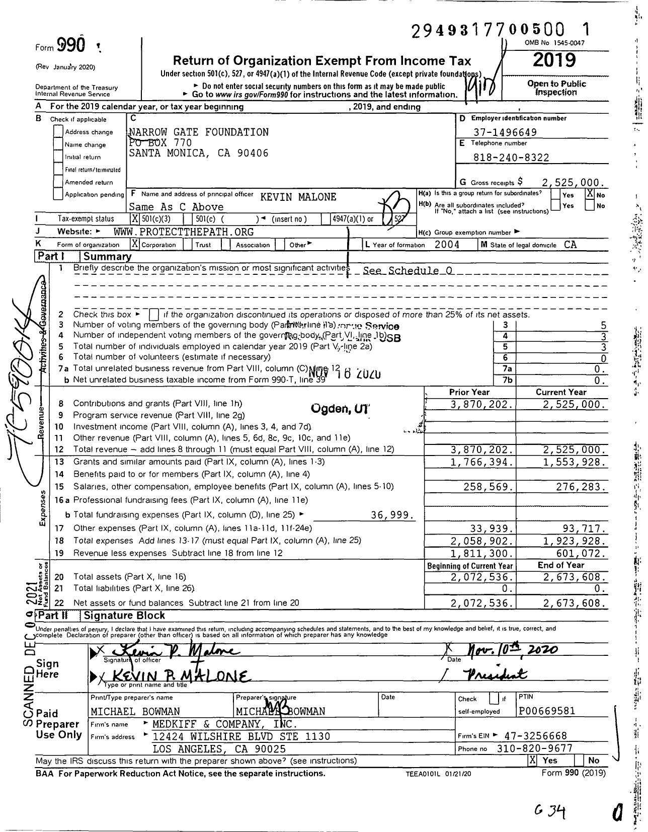 Image of first page of 2019 Form 990 for Narrow Gate Foundation / Protect the Path