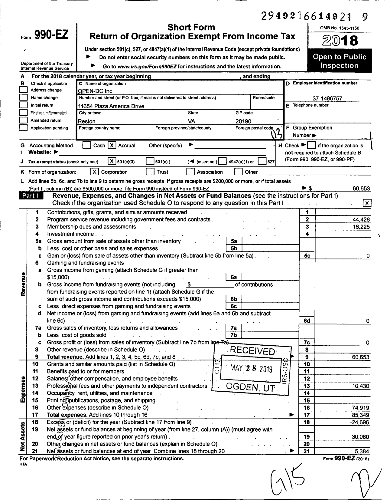 Image of first page of 2018 Form 990EZ for Open-Dc