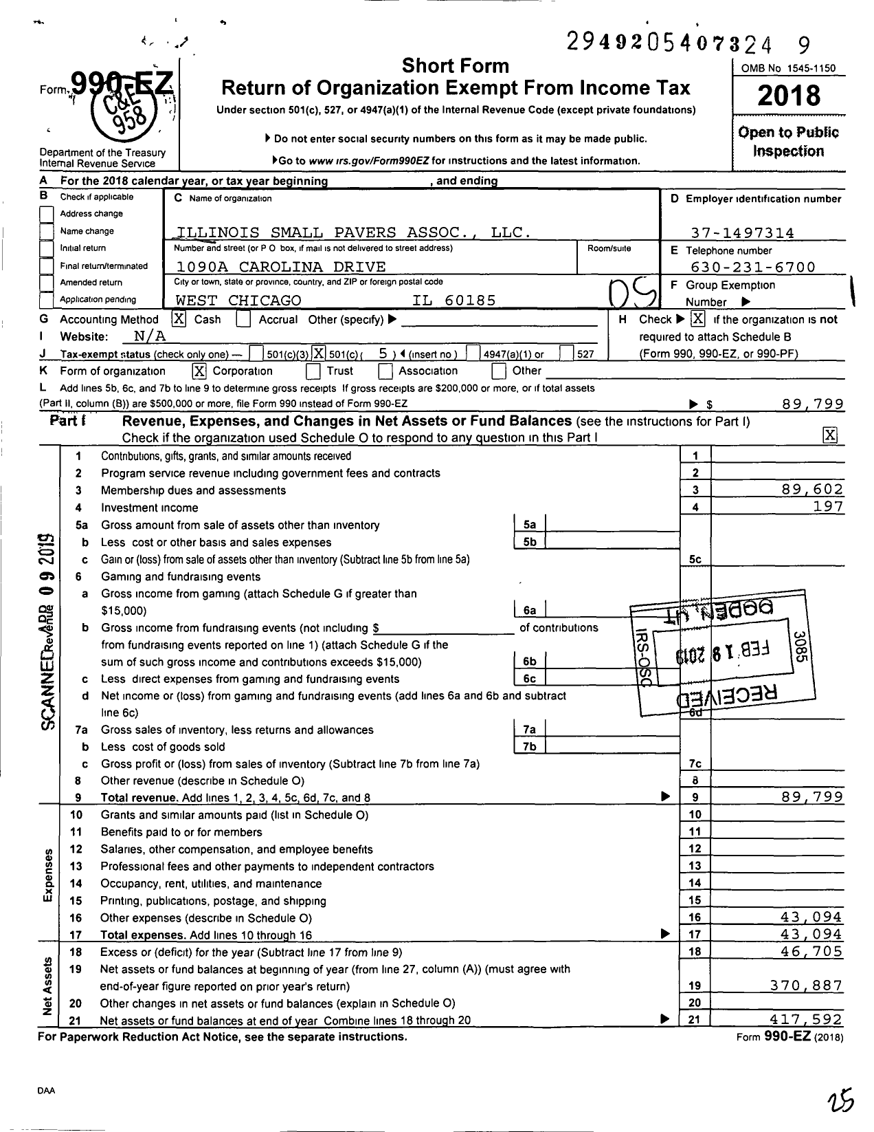 Image of first page of 2018 Form 990EO for Illinois Small Pavers Association LLC