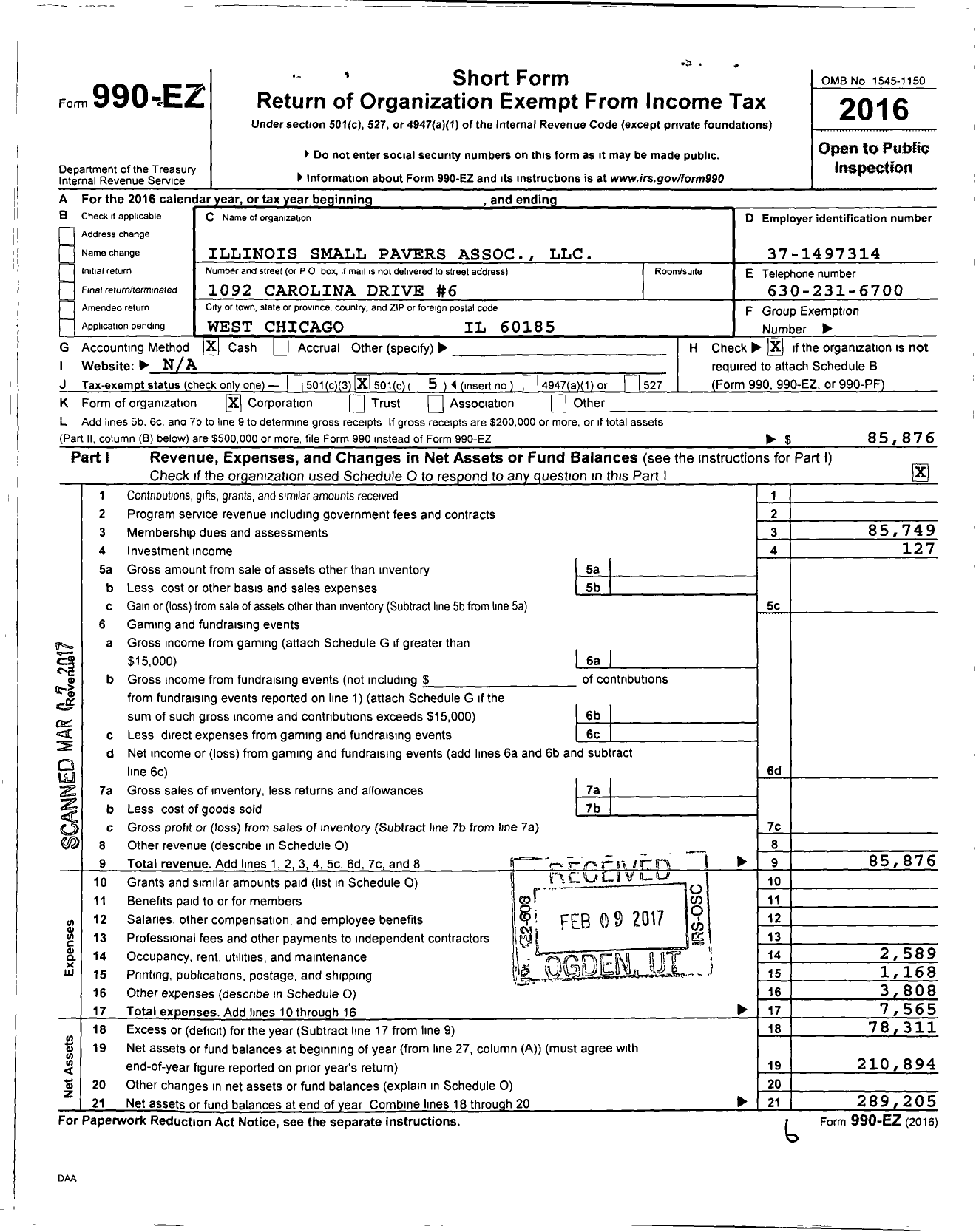 Image of first page of 2016 Form 990EO for Illinois Small Pavers Association LLC