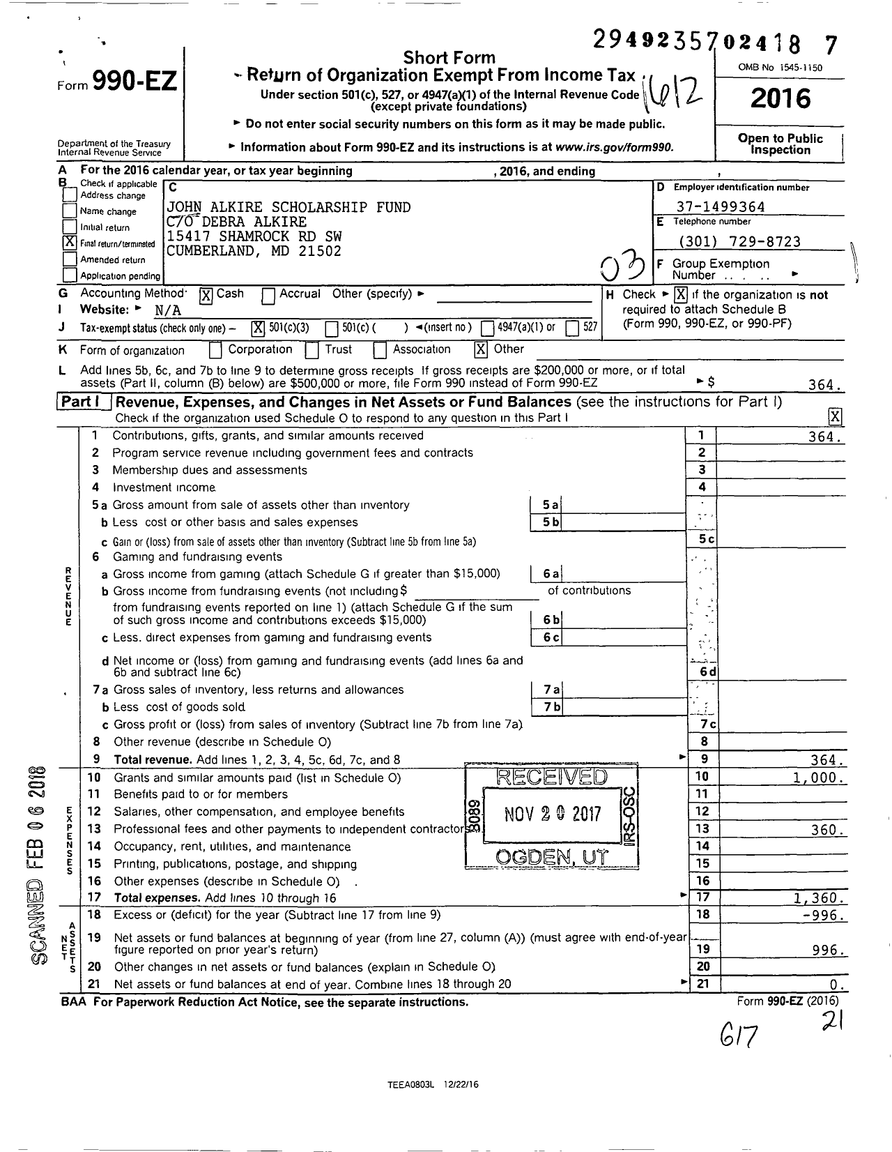 Image of first page of 2016 Form 990EZ for John Alkire Scholarship Fund Debra Alkire