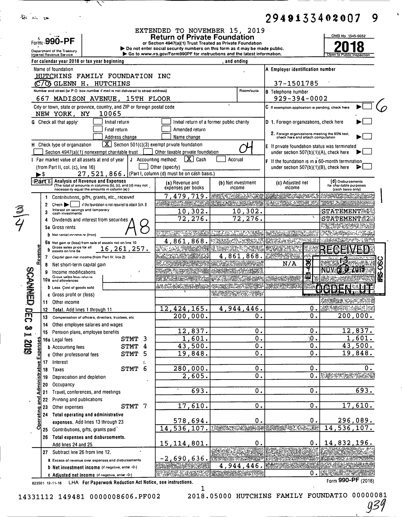 Image of first page of 2018 Form 990PF for Hutchins Family Foundation