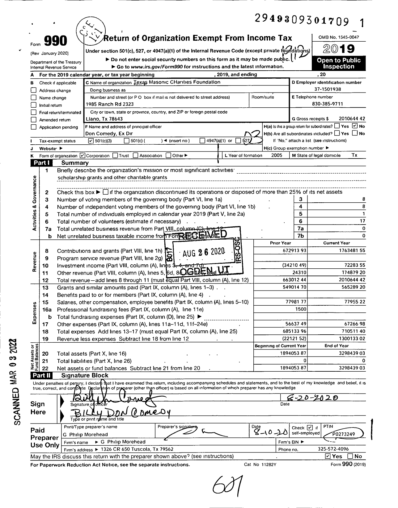 Image of first page of 2019 Form 990 for Texas Masonic Charities Foundation (TMCF)