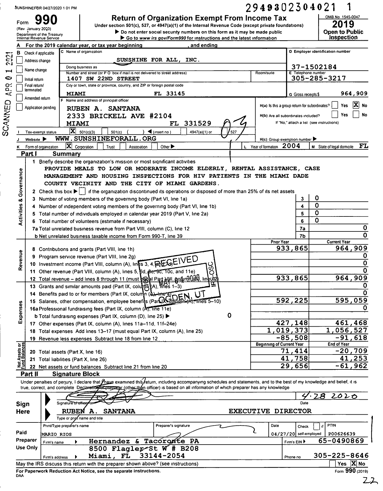 Image of first page of 2019 Form 990 for Sunshine for All