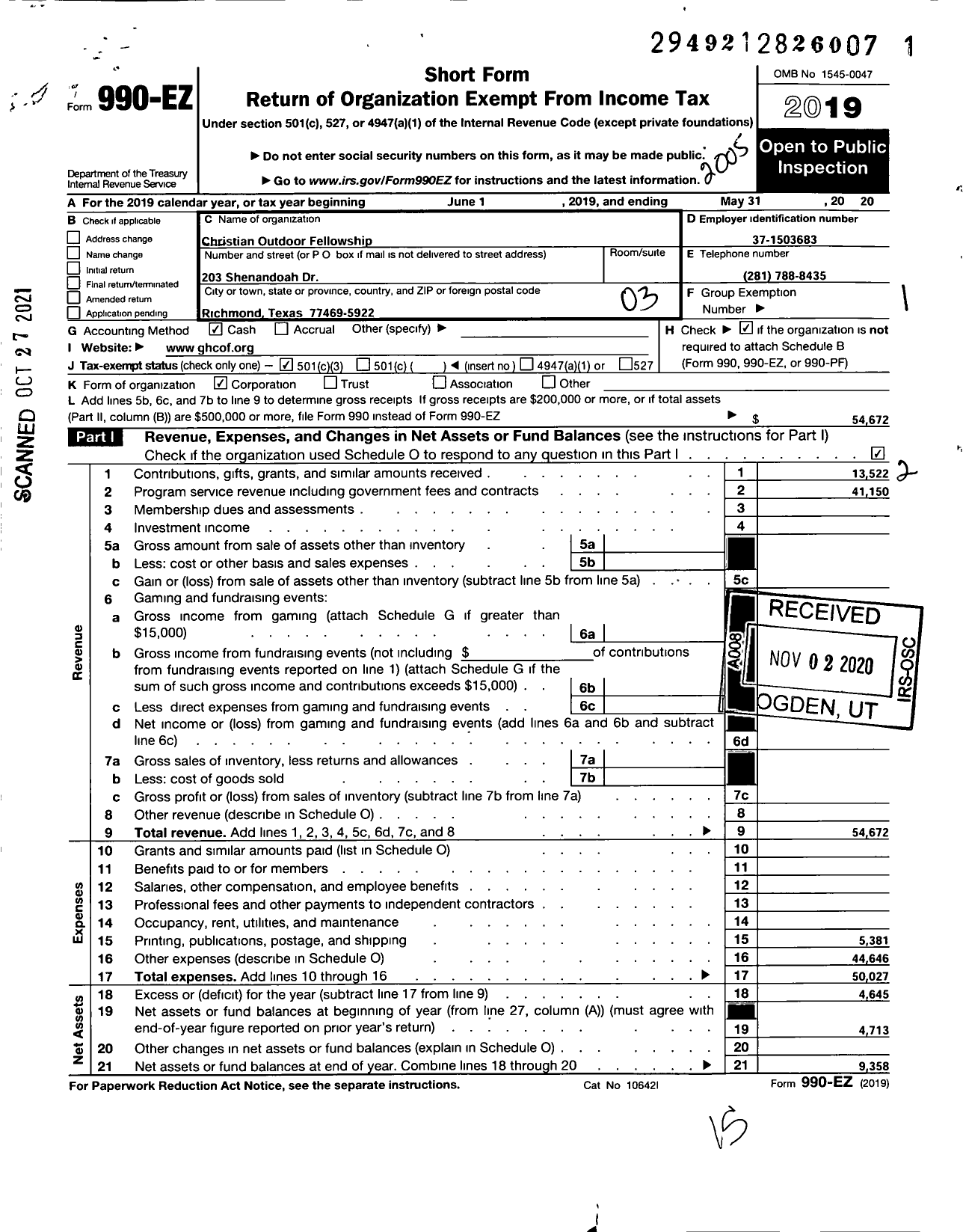 Image of first page of 2019 Form 990EZ for Christian Outdoor Fellowship