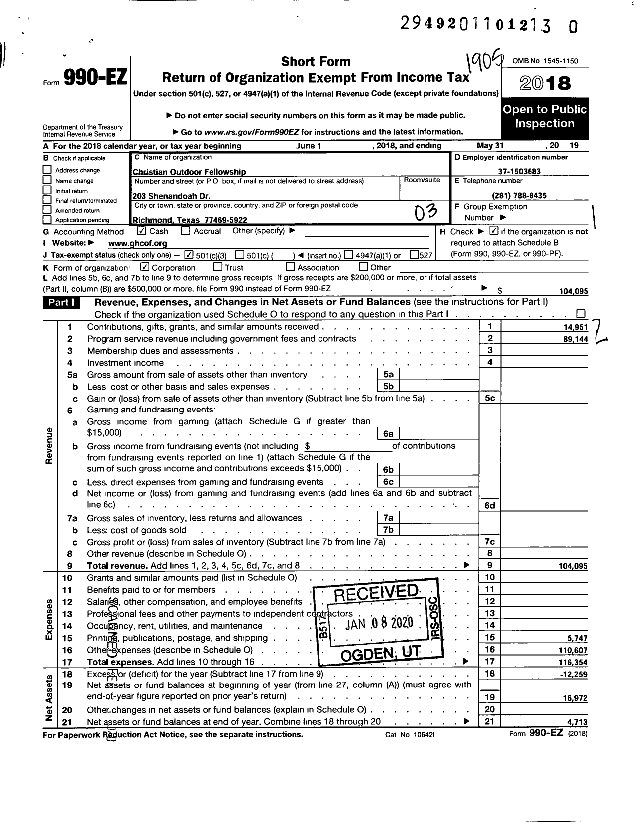 Image of first page of 2018 Form 990EZ for Christian Outdoor Fellowship