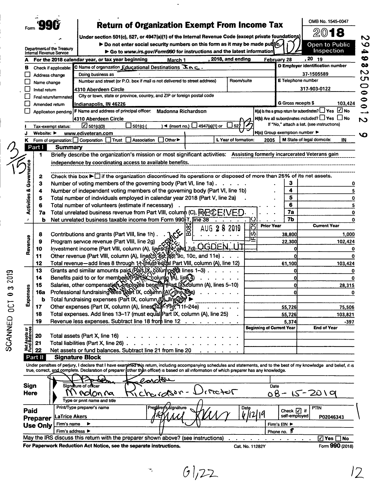 Image of first page of 2018 Form 990 for Educational Destinations