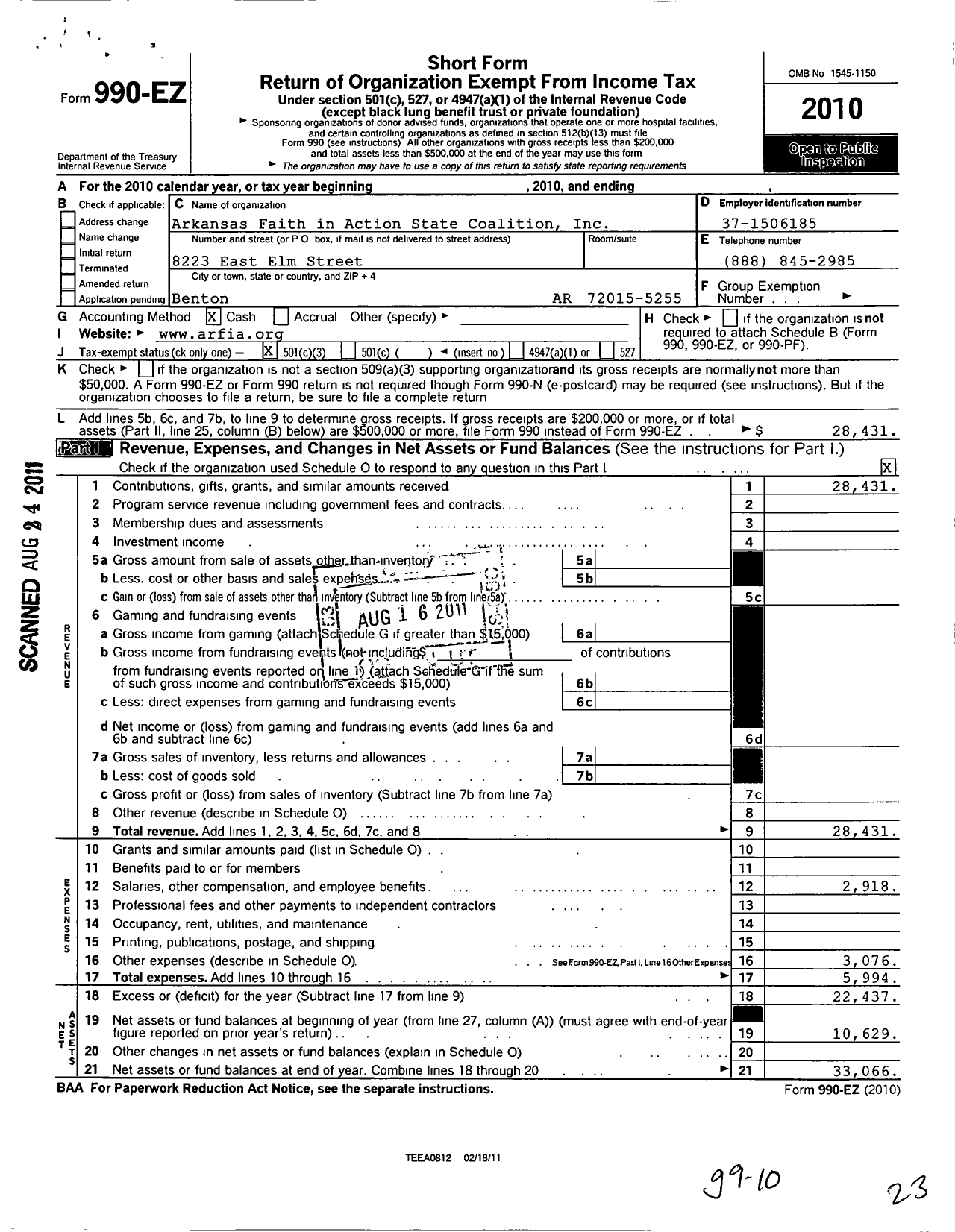 Image of first page of 2010 Form 990EZ for Arkansas Faith in Action State Coalition