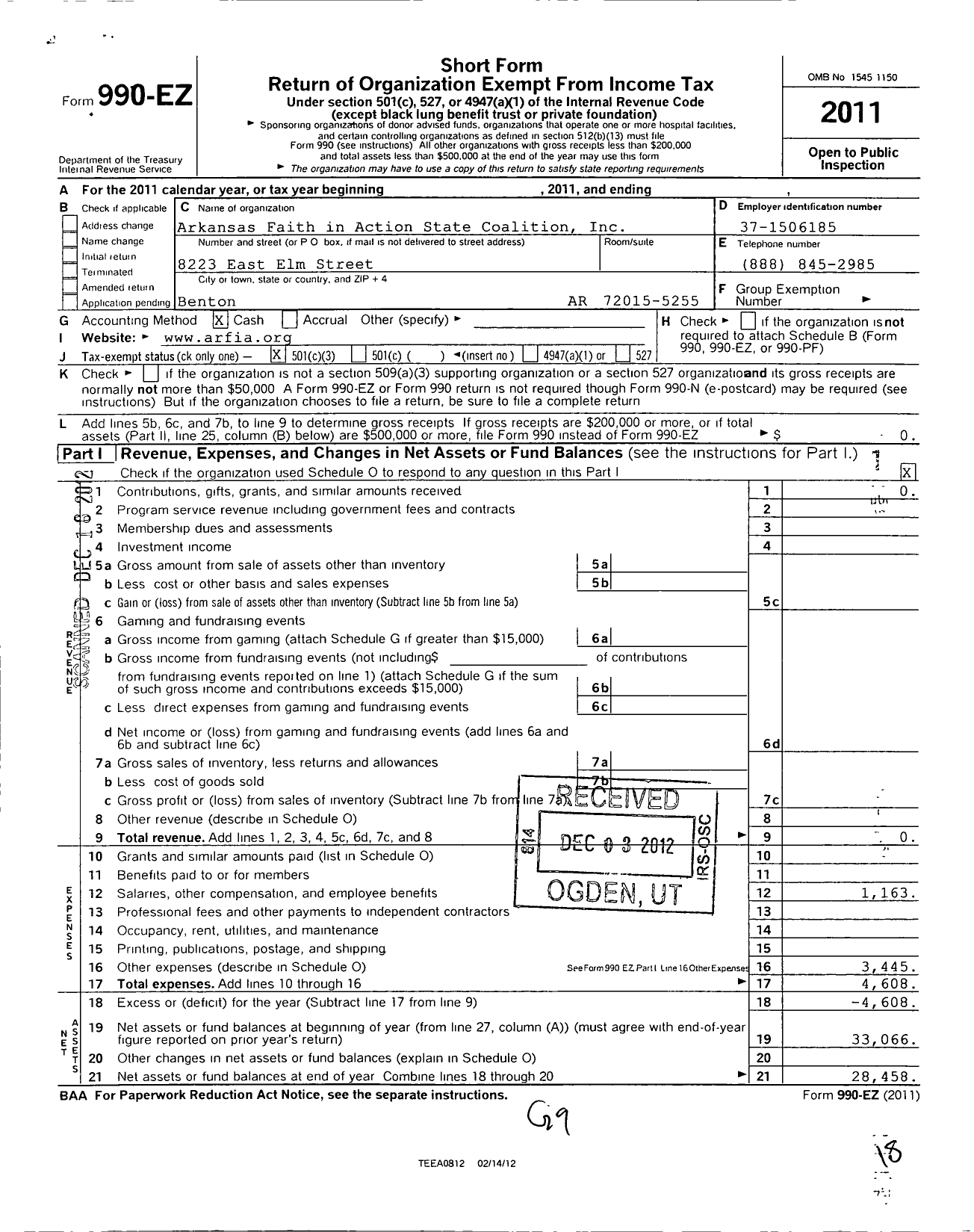 Image of first page of 2011 Form 990EZ for Arkansas Faith in Action State Coalition