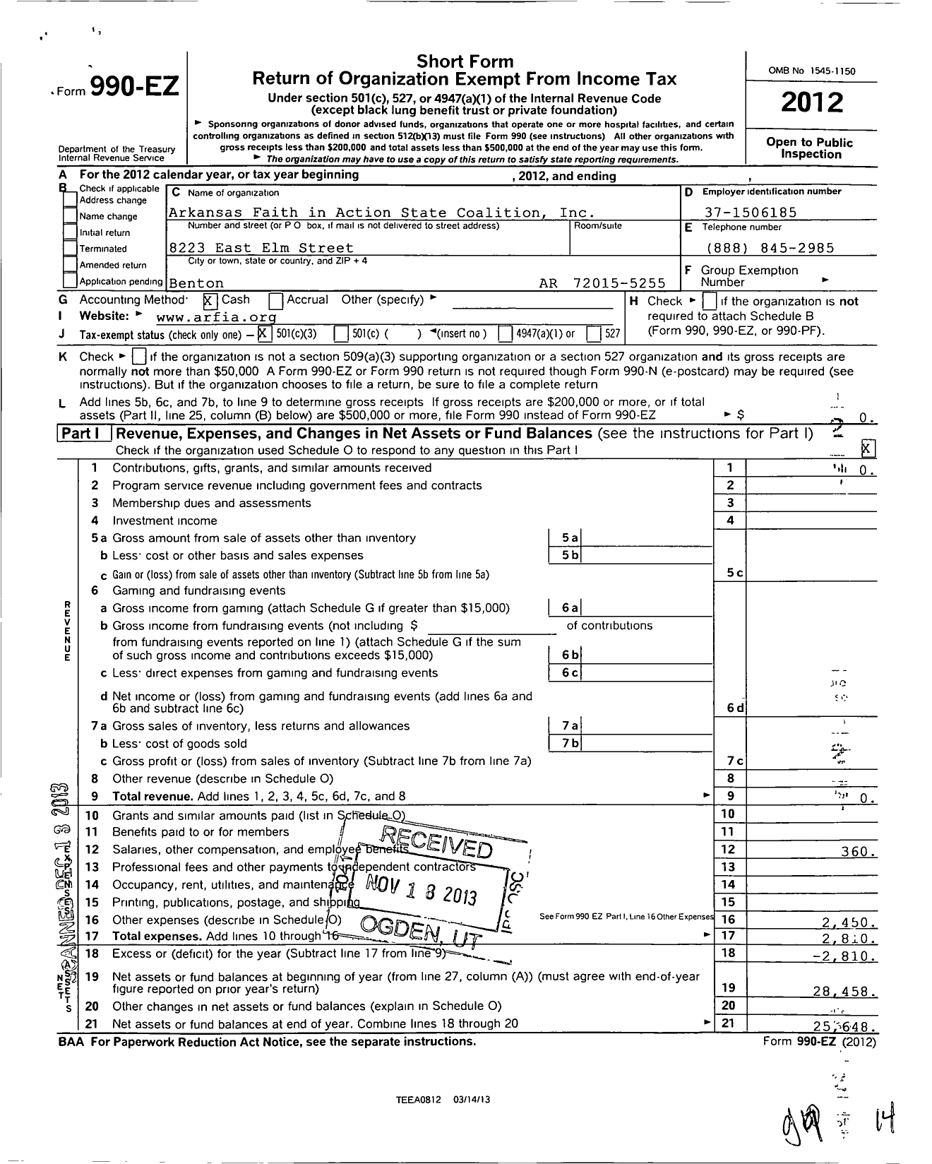 Image of first page of 2012 Form 990EZ for Arkansas Faith in Action State Coalition